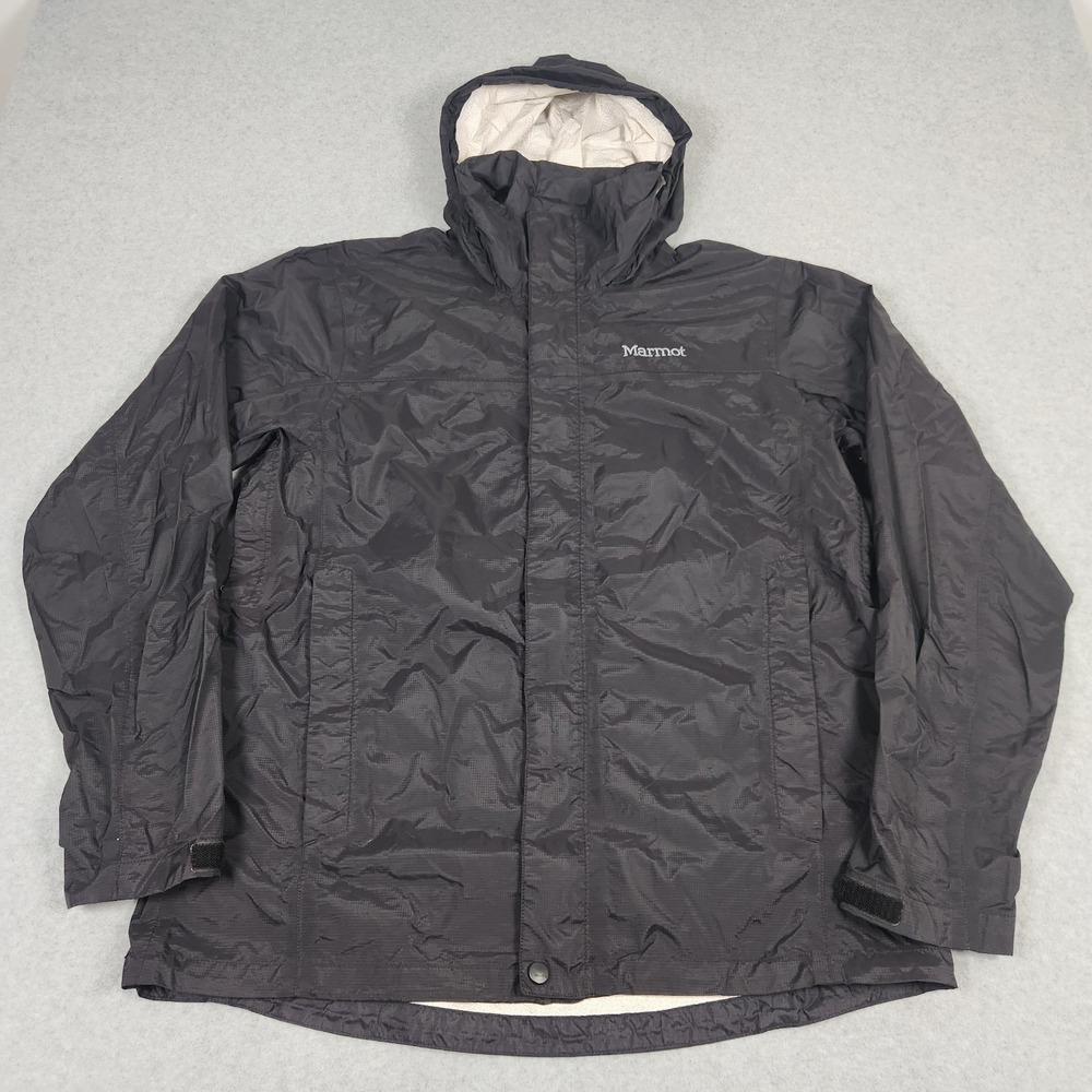 Marmot Jacket Mens Large Black Precip Nylon Zip Waterproof Hooded Packable